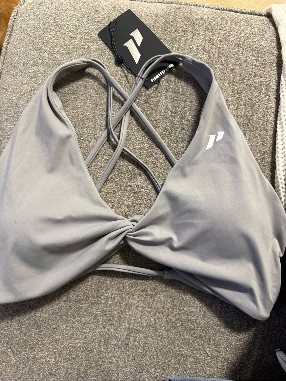 Twist-Front Strappy Sports Bralette in Light Gray